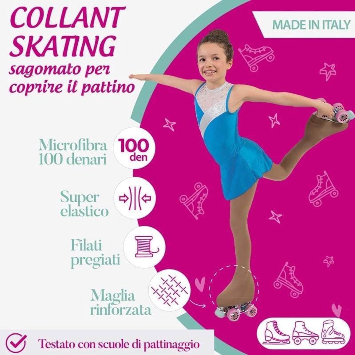 Panty, skating, 100 denier, panty voor meisjes, kunstschaatsen, gymnastiek, skaten, sportsokken van 3D-microvezel met silhouet, gemaakt in Italië
