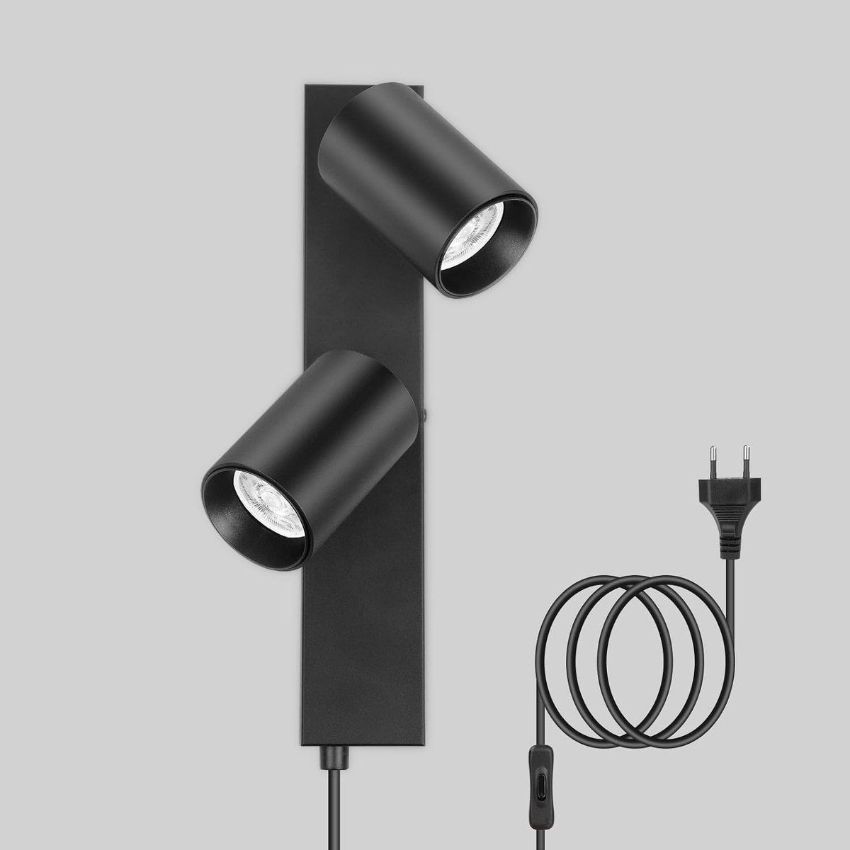 Wandlamp met stopcontact en schakelaar, 2 spots GU10, zwart | Wandbedlamp, modern, 350° draaibaar, wandlamp voor slaapkamer, woonkamer, hal, muurschildering, zonder lampen