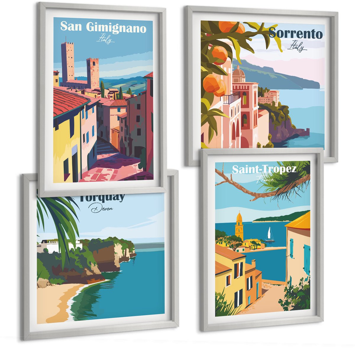 Coloray 4-Delige Schilderij Set - Italiaanse Stadjes En Retro Kustlandschappen - 40 x 40 cm En 40 x 60 cm - Moderne Wanddecoratie - Woonkamer
