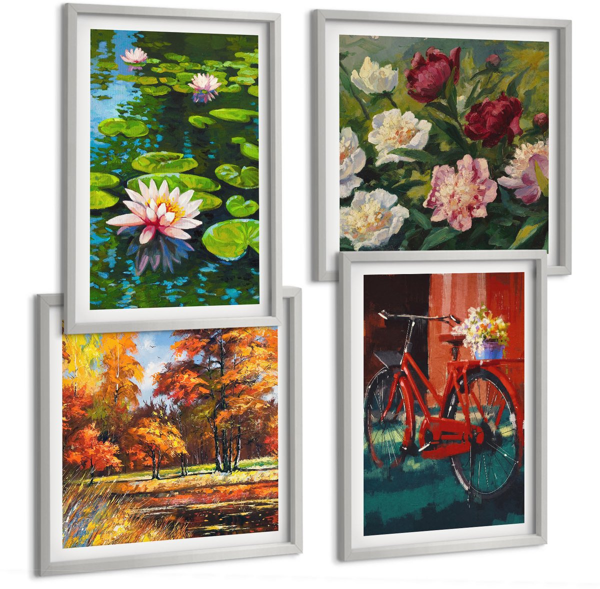 Coloray 4-Delige Schilderij Set - Lelies Op De Waterfiets In De Tuin, Kleurrijke Bloemen - 40 x 40 cm En 40 x 60 cm - Stijlvolle Muurdecoratie - Slaapkamer - Moderne Wanddecoratie
