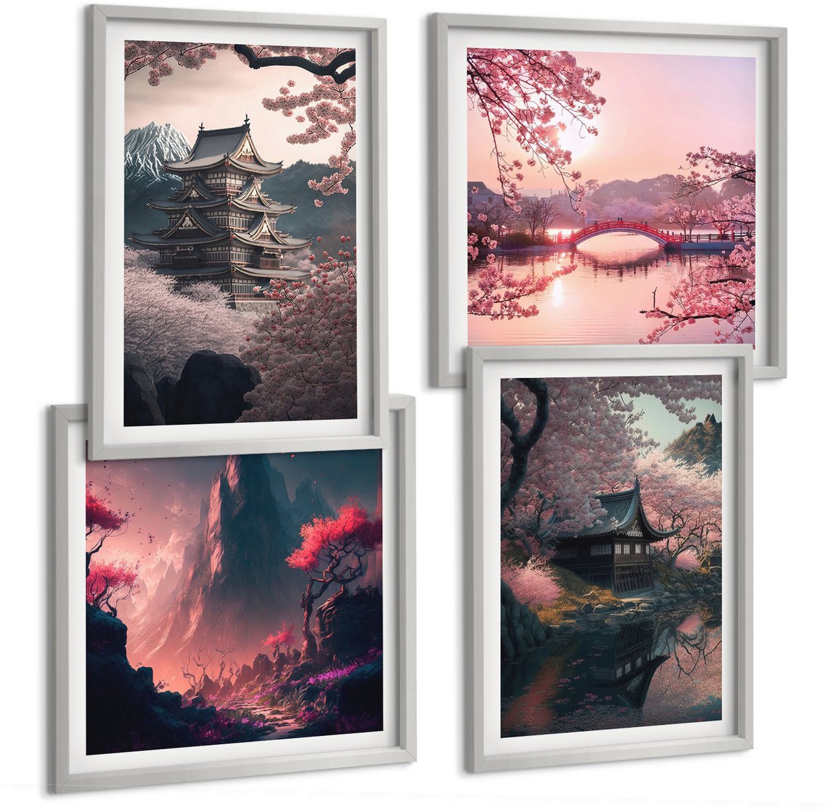 Coloray 4-Delige Schilderij Set - Fantasielandschappen Van Japan Berglandschappen - 40 x 40 cm En 40 x 60 cm - Wanddecoratie - Schilderijen Set - Kantoor - Decoratieve Schilderijen
