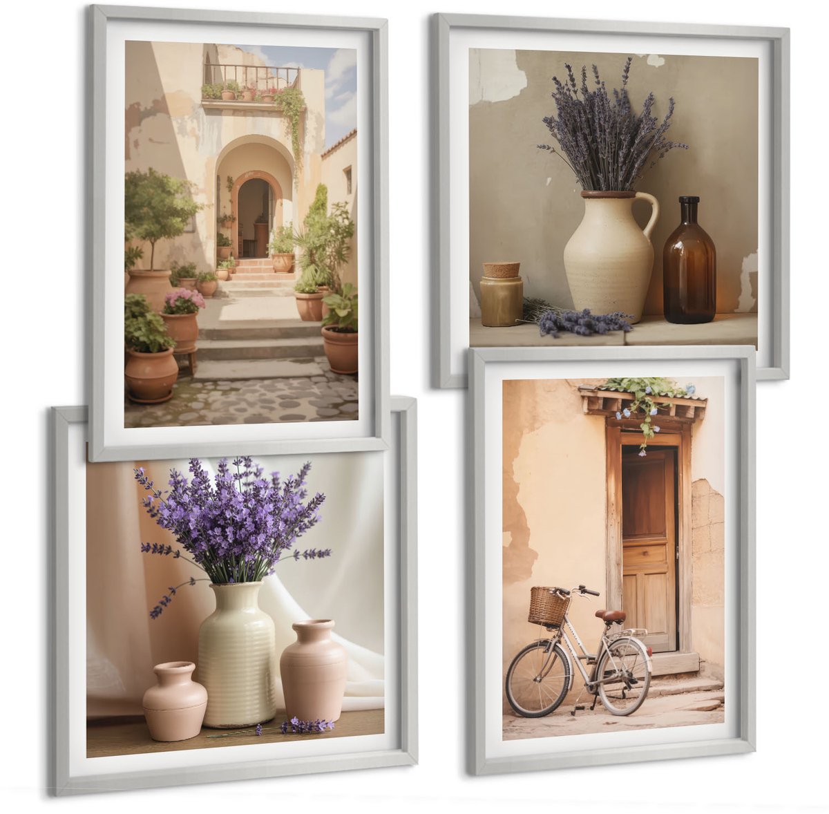 Coloray 4-Delige Schilderij Set - Lavendelbloemen, Olijven En Italiaanse Architectuur - 40 x 40 cm En 40 x 60 cm - Decoratieve Muurdecoratie - Slaapkamer - Moderne Wanddecoratie