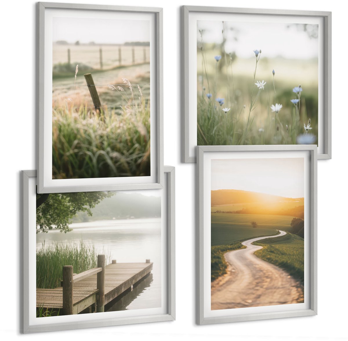 Coloray 4-Delige Schilderij Set - Landschap Met Een Weide, Een Weg En Een Zonsondergang. - 40 x 40 cm En 40 x 60 cm - Wanddecoratie - Moderne Interieurdecoratie
