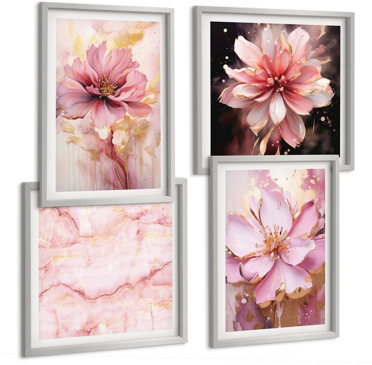 Coloray 4-Delige Schilderij Set - Bloemencomposities In Roze En Witte Tinten. - 40 x 40 cm En 40 x 60 cm - Muurdecoratie - Wanddecoratie - Hal