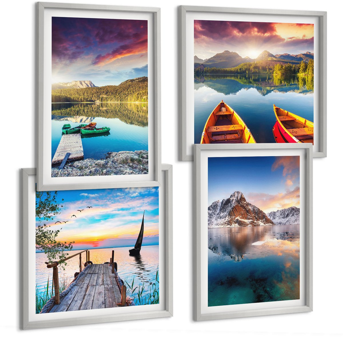 Coloray 4-Delige Schilderij Set - Rustige Meren Met Berglandschap En Boot - 40 x 40 cm En 40 x 60 cm - Decoratieve Schilderijen - Wanddecoratie - Hal - Woonkamer Decoratie