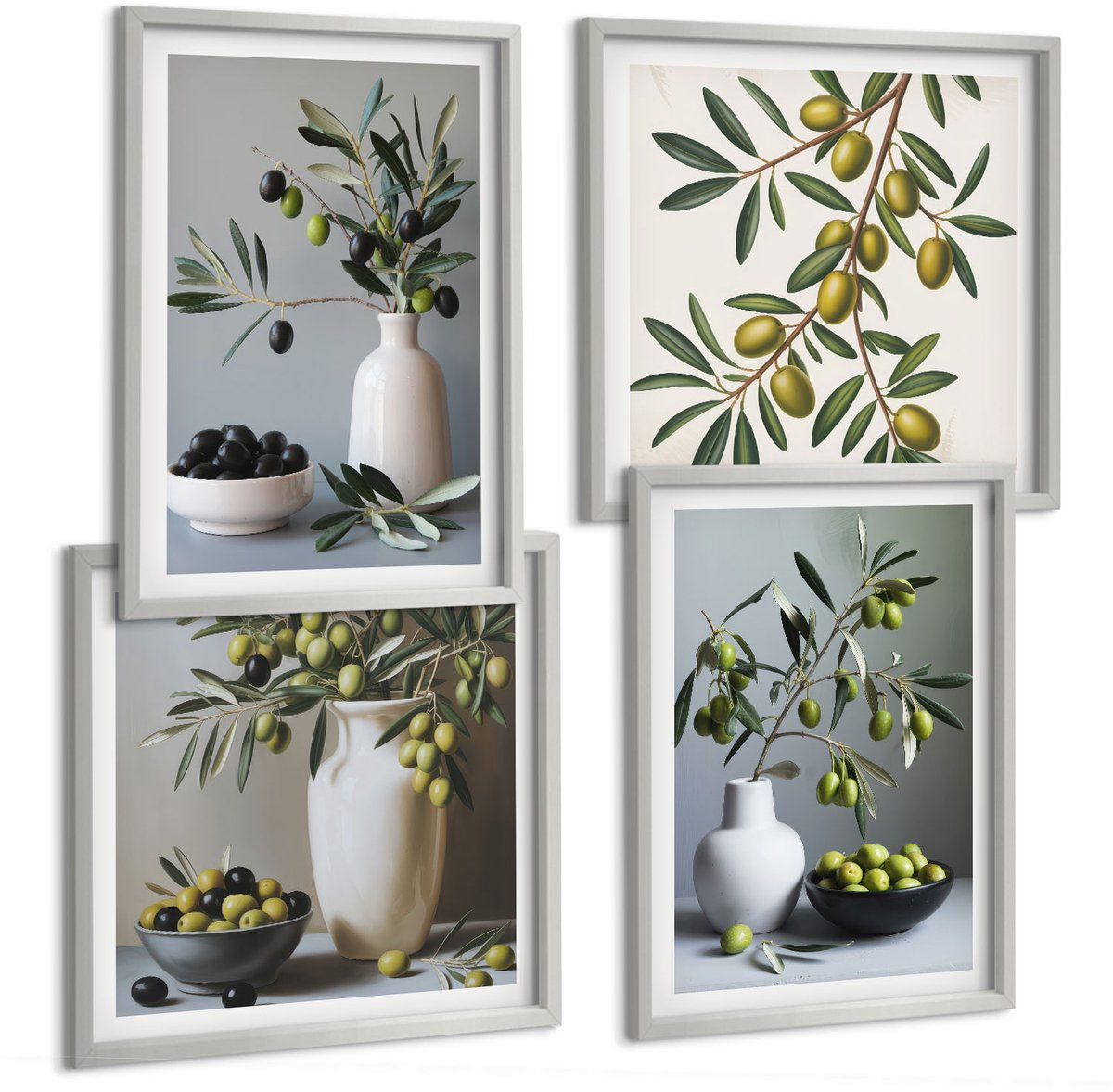 Coloray 4-Delige Schilderij Set - Olijven In Vazen ​​Tegen Een Achtergrond Van Gedempte Kleuren. - 40 x 40 cm En 40 x 60 cm - Muurdecoratie - Wanddecoratie - Hal - Decoratieve Schilderijen