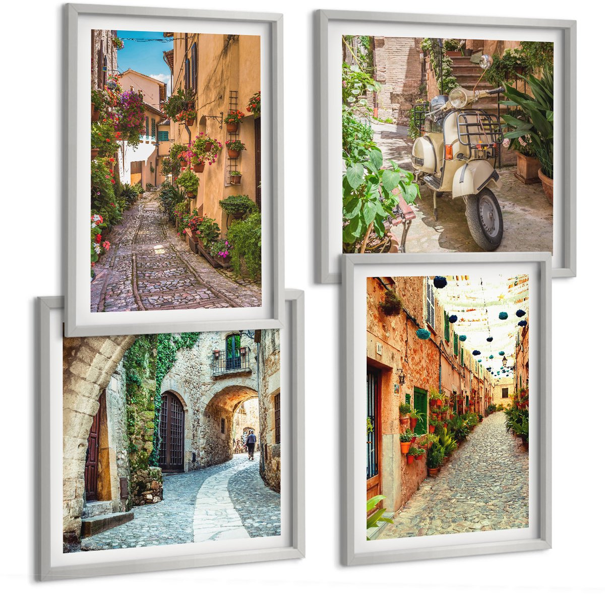 Coloray 4-Delige Schilderij Set - Sfeervolle Straatjes Met Bloemen In Een Italiaanse Ambiance. - 40 x 40 cm En 40 x 60 cm - Muurdecoratie - Schilderijen Set - Woonkamer - Stijlvolle Muurdecoratie