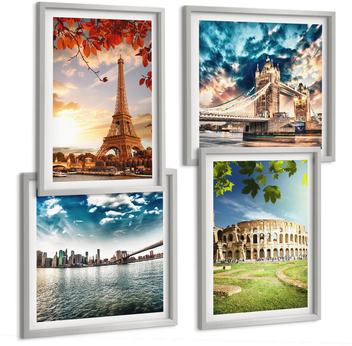 Coloray 4-Delige Schilderij Set - Monumenten Van Europa In De Warme Kleuren Van Het Landschap - 40 x 40 cm En 40 x 60 cm - Stijlvolle Muurdecoratie - Kantoor - Woonkamer Decoratie