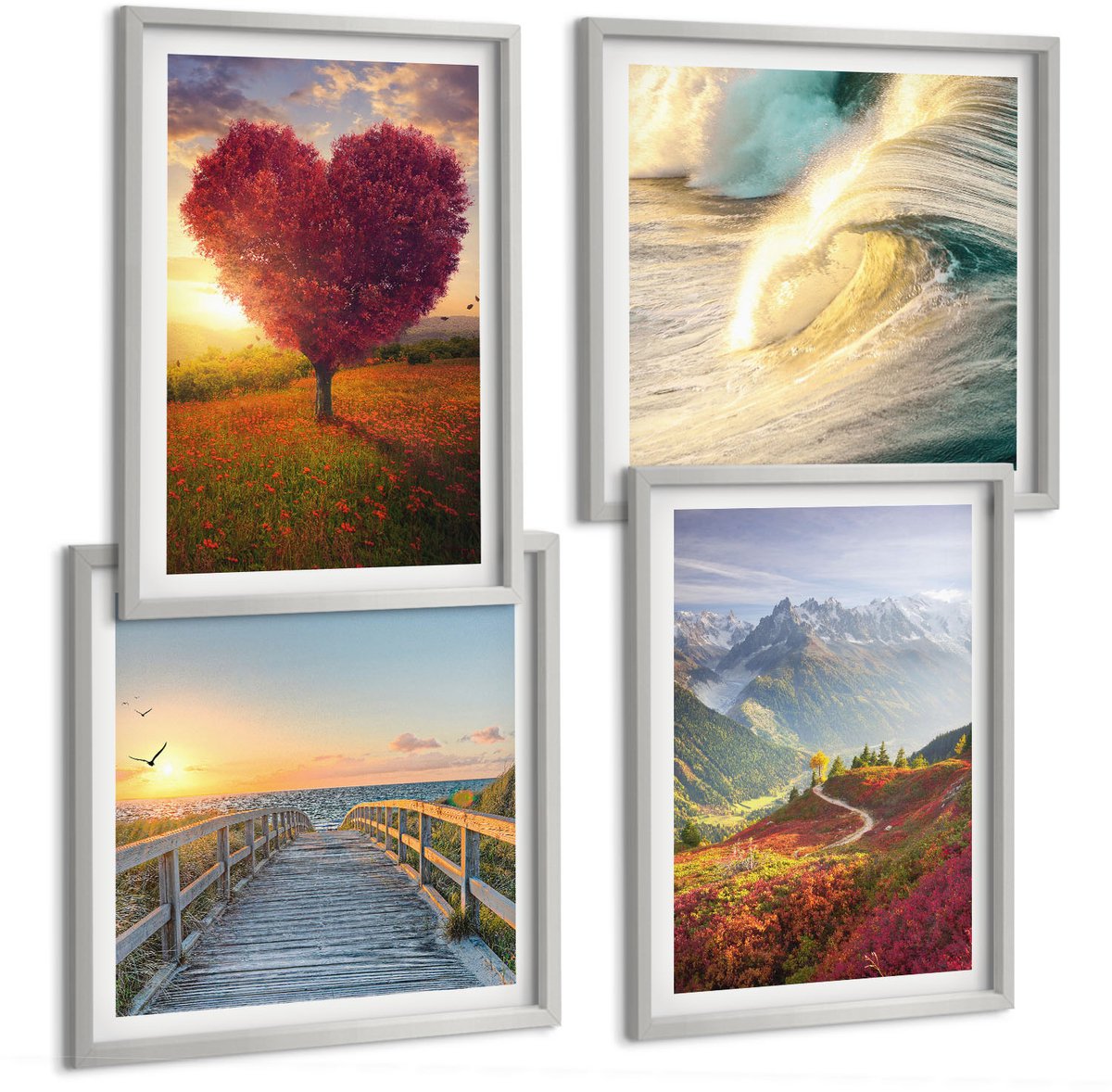 Coloray 4-Delige Schilderij Set - Berglandschappen Golven Hartvormige Boompier - 40 x 40 cm En 40 x 60 cm - Wanddecoratie - Moderne Interieurdecoratie - Stijlvolle Muurdecoratie