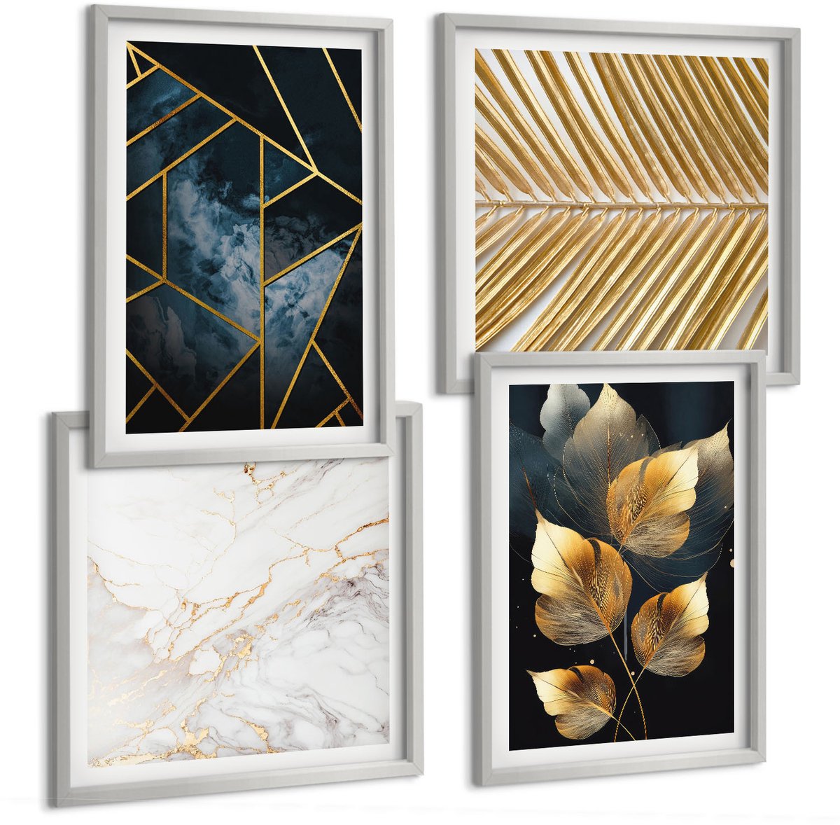 Coloray 4-Delige Schilderij Set - Moderne Geometrische Patronen En Natuurlijke Plantmotieven - 40 x 40 cm En 40 x 60 cm - Muurdecoratie - Decoratieve Schilderijen - Wohnzimmer - Wanddecoratie