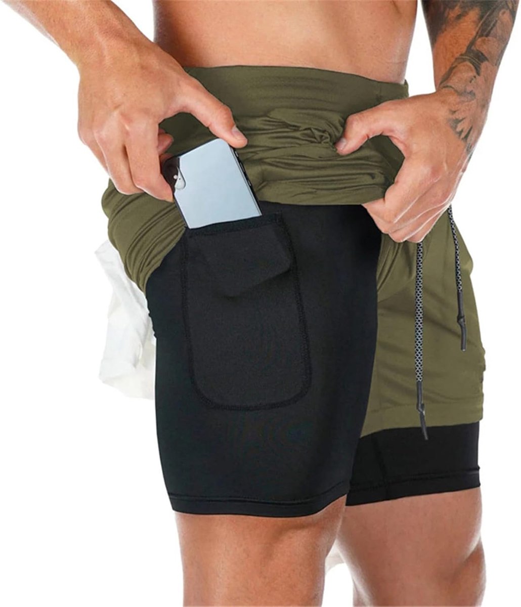 Shorts voor heren, 2-in-1, korte hardloopbroek, sportbroek, met geïntegreerde zakken, voor fitness, training.