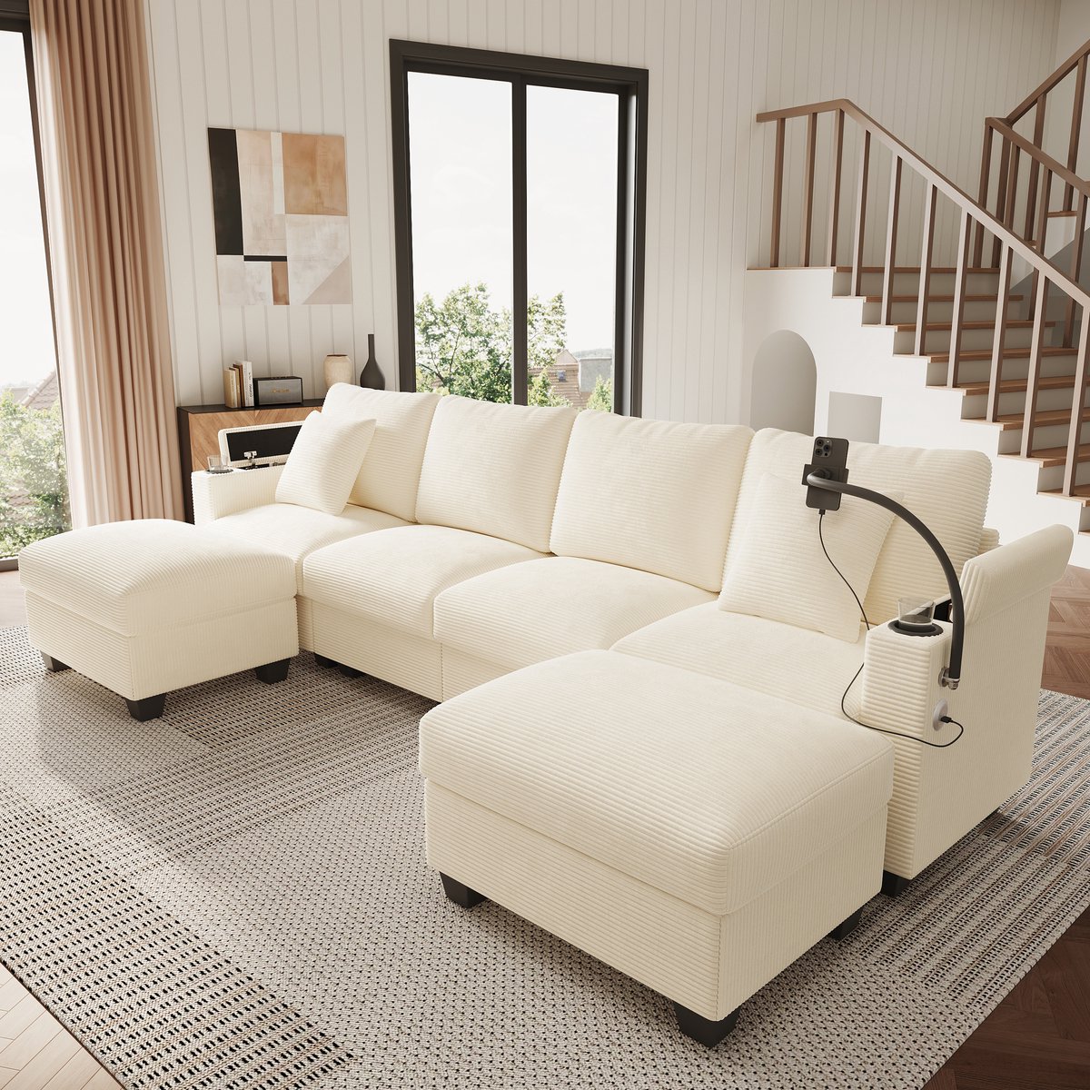 Multifunctionele Hoekbank, U-Bank, 4-Zits Bank, Woonlandschap U-Vorm Met Slaapfunctie, Modulaire Cordbank, Hoekbank Met Telefoonhouder En USB Oplaadpoort, Bekerhouders, Beige