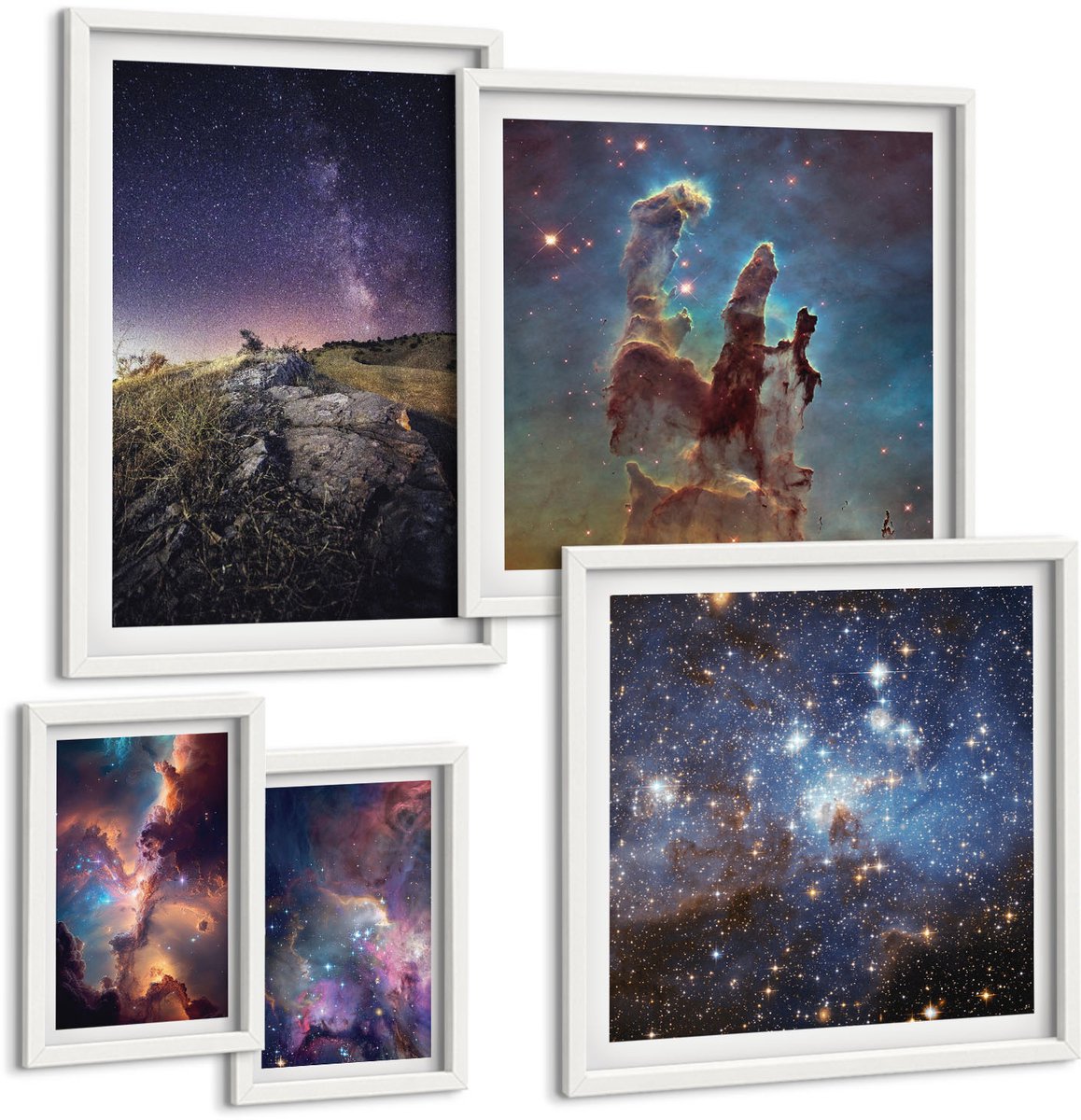 Coloray 5-Delige Schilderij Set - Kosmische Landschappen Van Sterrenstelsels En Astronomische Verschijnselen - 50 x 50 cm, 20 x 30 cm En 40 x 60 cm - Decoratieve Schilderijen - Woonkamer - Interieur - Interieur Decoratie