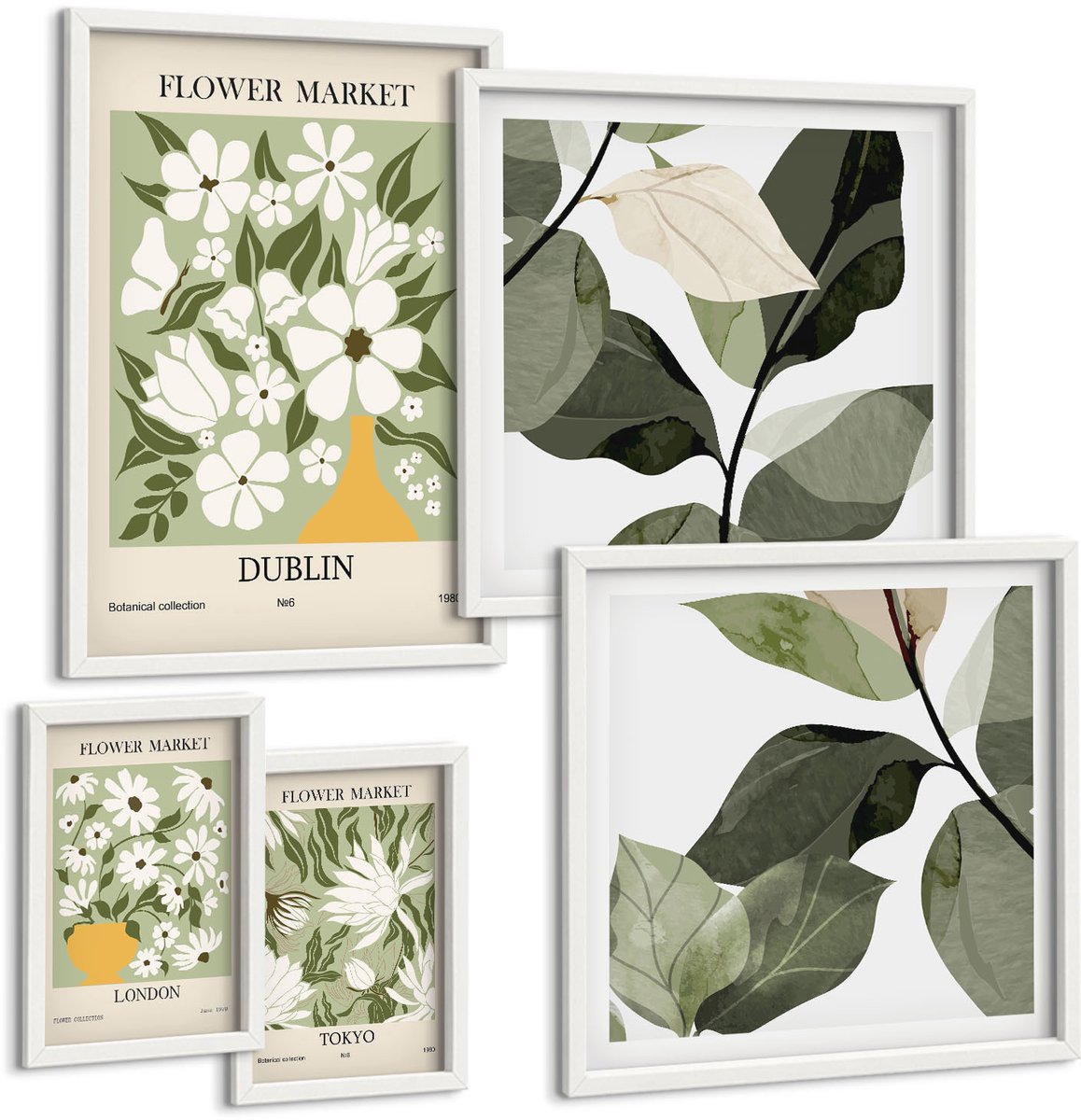 Coloray 5-Delige Schilderij Set - Bloemmotieven Van Markten In Londen, Dublin En Tokio - 50 x 50 cm, 20 x 30 cm En 40 x 60 cm - Muurdecoratie - Interieur Decoratie
