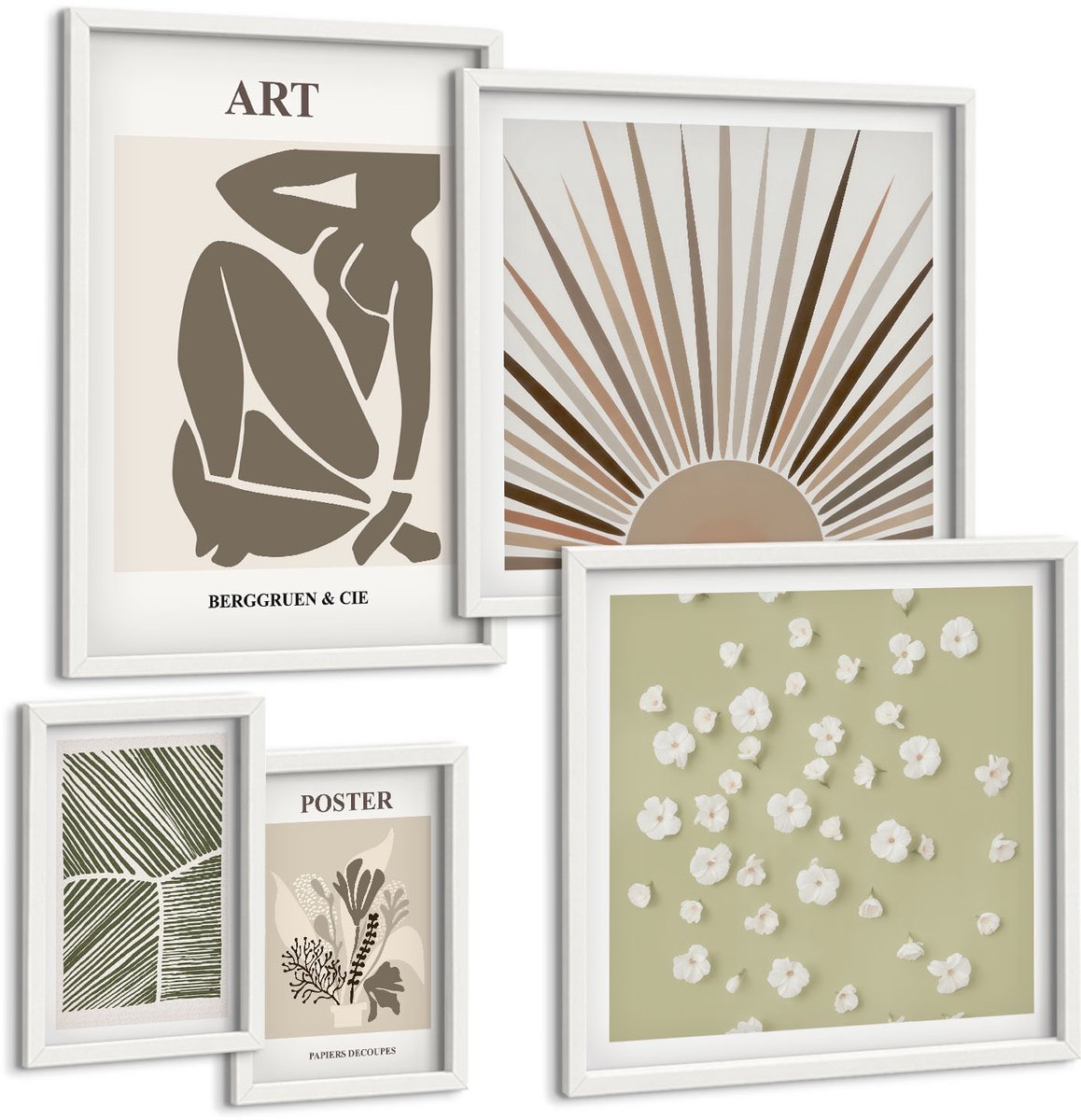 Coloray 5-Delige Schilderij Set - Stijlvolle Afbeeldingen Met Plantmotieven En Abstracte Elementen. - 50 x 50 cm, 20 x 30 cm En 40 x 60 cm - Wanddecoratie - Schilderijen Set - Kantoor - Interieur Decoratie