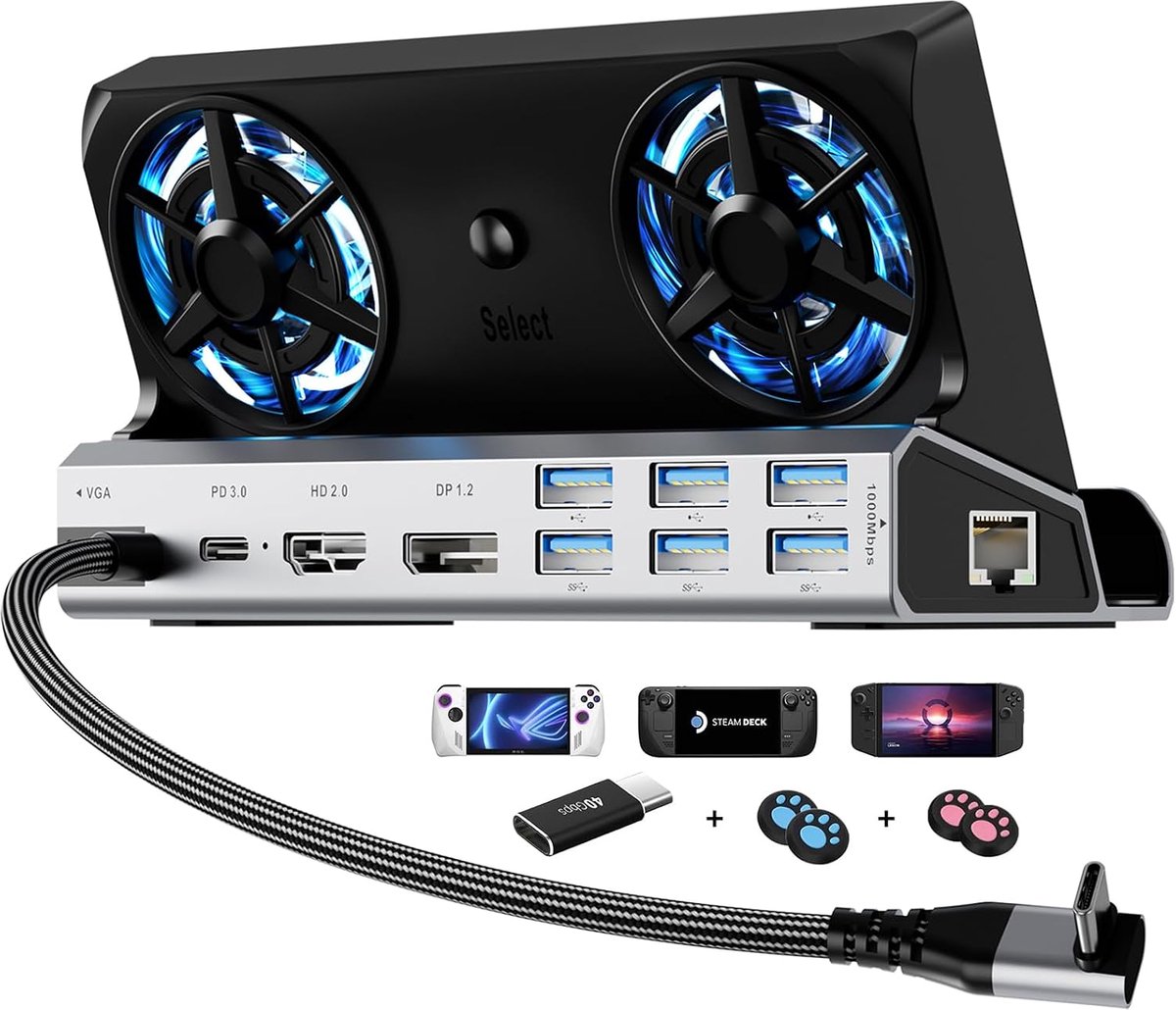 Koelventilatoren 11-in-1 Steam Deck Docking Station met HDMI 2.0, 6 USB-poorten, 1000 Mbps, Type C 100W PD, DP1.2, VGA 40 Gbps Adapter voor Steam Deck/Rog Ally/Switch/Legion Go