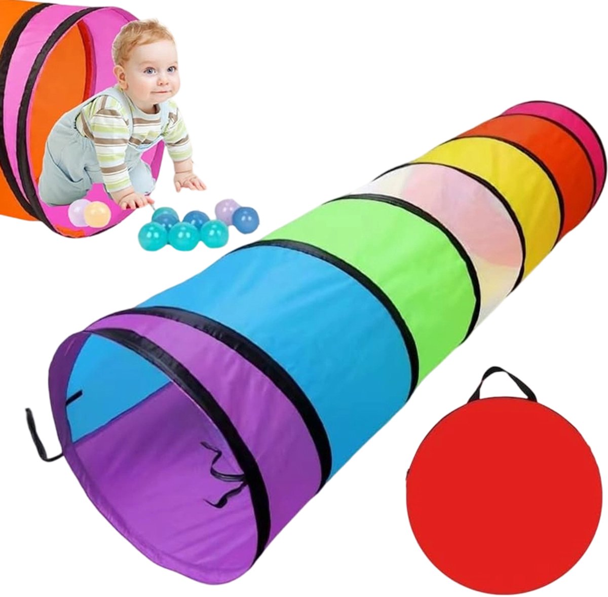 Kleurrijke Kruiptunnel voor Kinderen - 180 × 48 cm - Pop-up & Opvouwbaar - Met Opbergtas - Voor Binnen & Buiten - Vanaf 3 Jaar