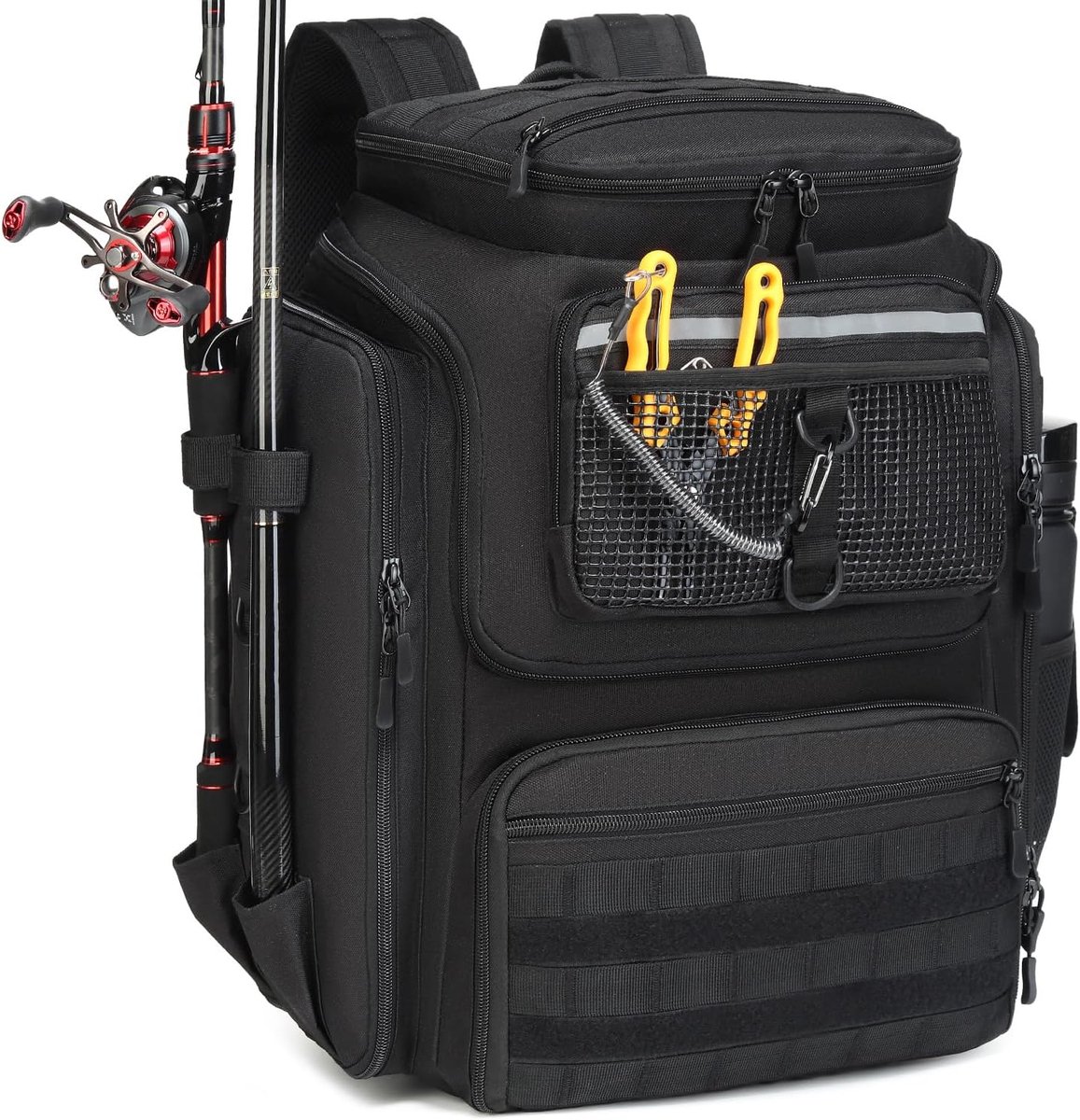 Hengelrugzak met 4 boxen en hengelhouders, 45 liter, grote vistas, waterafstotende visuitrusting, rugzak voor vissen, wandelen, kamperen, trekking