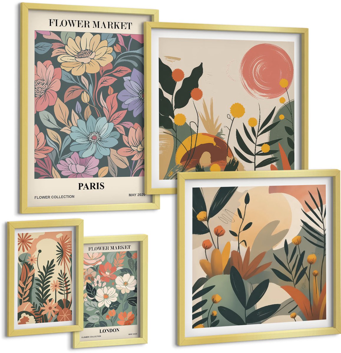 Coloray 5-Delige Schilderij Set - Bloemmotieven Van De Markten Van Parijs En Londen - 50 x 50 cm, 20 x 30 cm En 40 x 60 cm - Wanddecoratie - Muurdecoratie - Moderne Interieurdecoratie - Interieur Decoratie