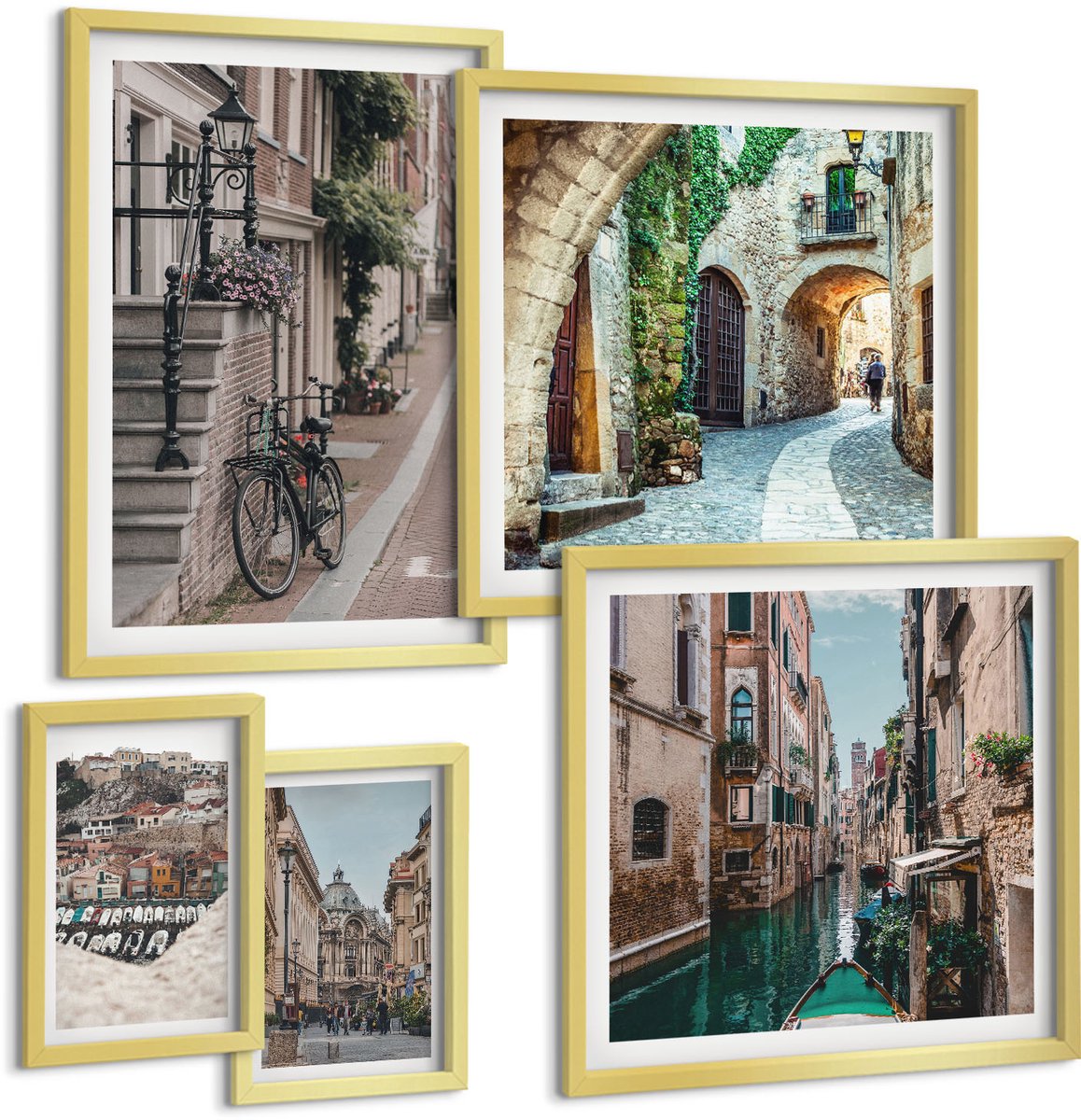 Coloray 5-Delige Schilderij Set - Charmante Straten Van Europese Steden Met Fietsen En Kanalen - 50 x 50 cm, 20 x 30 cm En 40 x 60 cm - Wanddecoratie - Schilderijen Set - Interieur - Stijlvolle Muurdecoratie