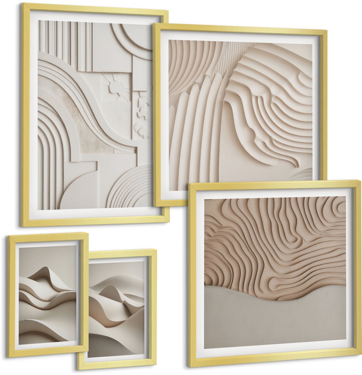 Coloray 5-Delige Schilderij Set - Abstracte Structurele Vormen In Beige En Witte Tinten. - 50 x 50 cm, 20 x 30 cm En 40 x 60 cm - Stijlvolle Wanddecoratie - Interieur - Moderne Wanddecoratie