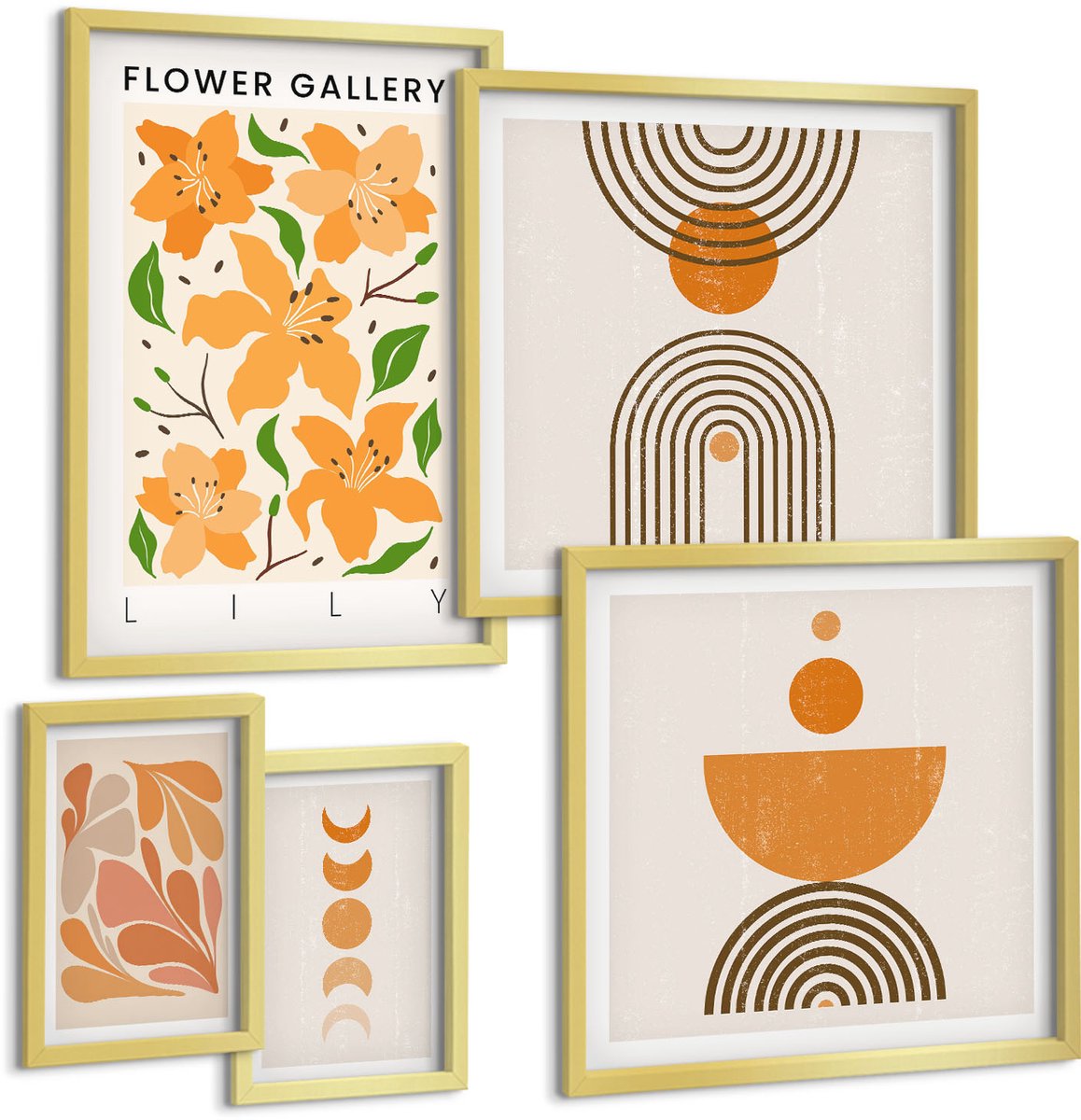 Coloray 5-Delige Schilderij Set - Stijlvolle Afbeeldingen Met Bloemen En Geometrische Patronen - 50 x 50 cm, 20 x 30 cm En 40 x 60 cm - Stijlvolle Muurdecoratie - Kantoor