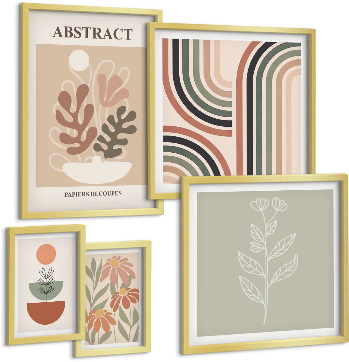 Coloray 5-Delige Schilderij Set - Stijlvolle Abstracte Planten En Geometrische Patronen - 50 x 50 cm, 20 x 30 cm En 40 x 60 cm - Decoratieve Schilderijen - Wanddecoratie - Hal - Muurdecoratie