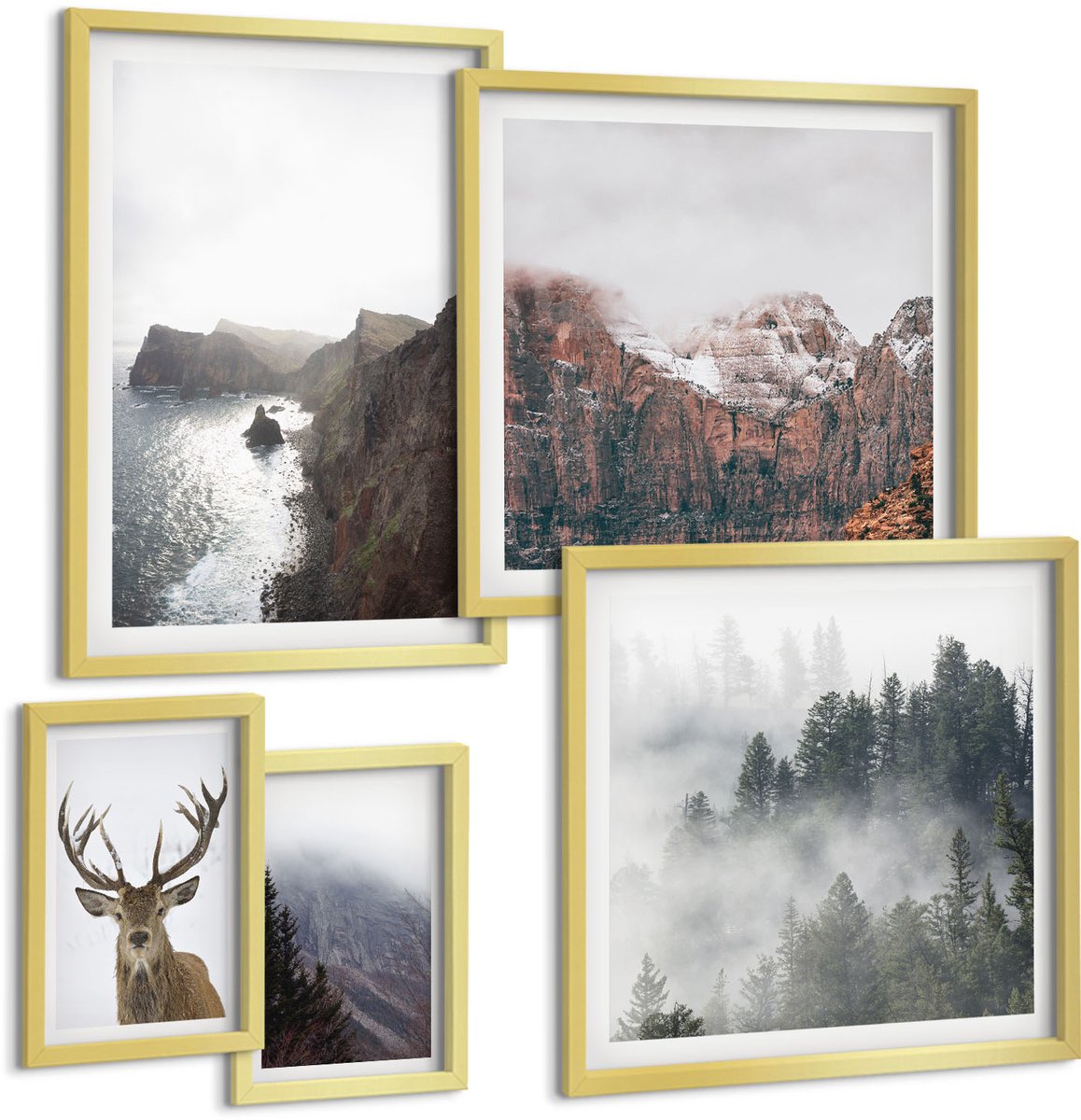 Coloray 5-Delige Schilderij Set - Natuurlijke Landschappen Met Wilde Dieren En Dieren In Het Wild. - 50 x 50 cm, 20 x 30 cm En 40 x 60 cm - Wanddecoratie - Schilderijen Set - Interieur - Interieur Decoratie