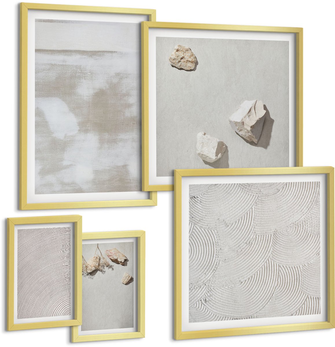 Coloray 5-Delige Schilderij Set - Zandstenen En Een Verweerde Textuur In Boho-Stijl - 50 x 50 cm, 20 x 30 cm En 40 x 60 cm - Wanddecoratie - Woonkamer Decoratie - Muurdecoratie