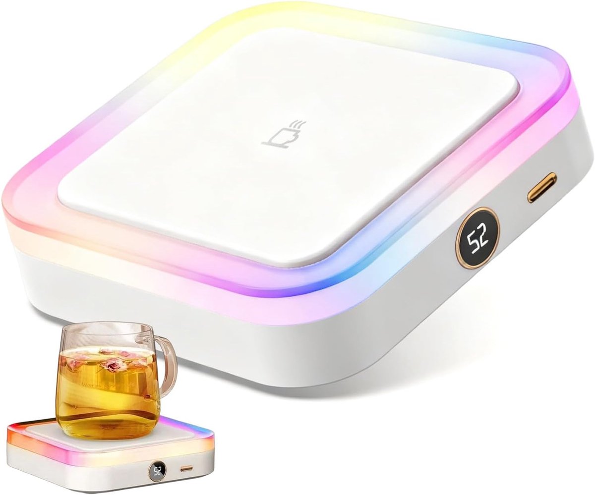 Bekerwarmer, USB-drankverwarmer, hete onderzetter met elektrische temperatuurweergave, koffiewarmer met 3-traps verwarming, geschikt voor thee, koude wintertijd, verjaardag - wit