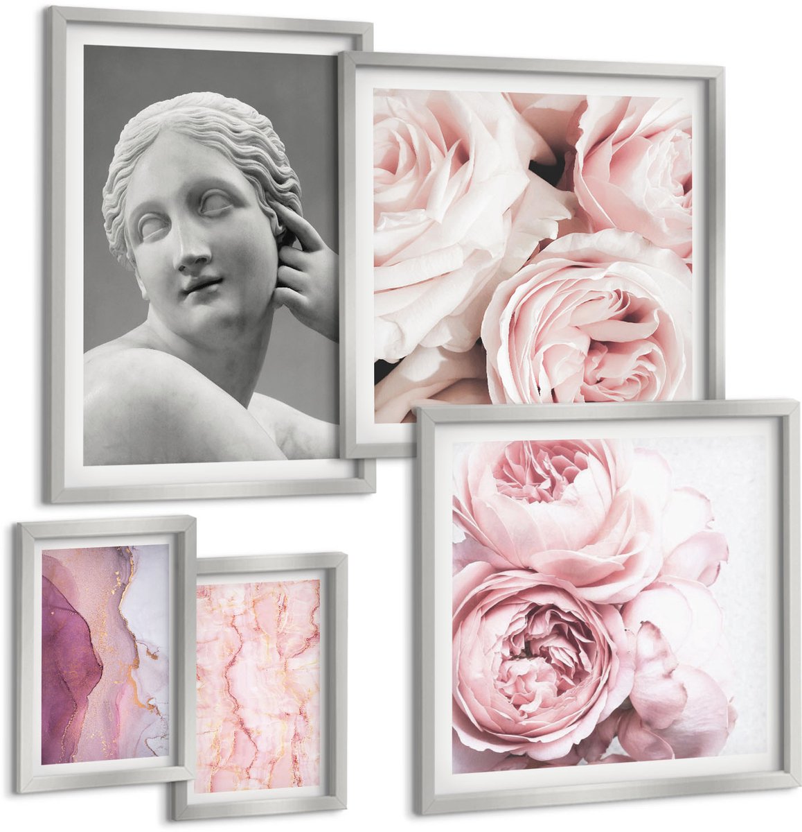 Coloray 5-Delige Schilderij Set - Romantische Pioenrozen Sculptuur Van Een Vrouw Abstractie - 20 x 30 cm - Muurdecoratie - Wanddecoratie - Slaapkamer - Interieur Decoratie