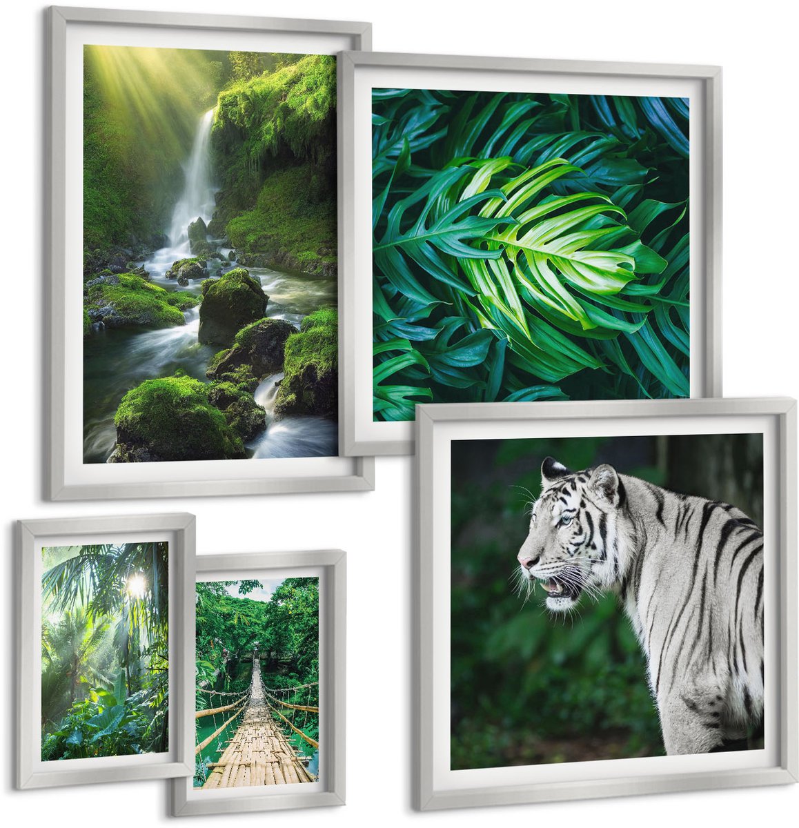 Coloray 5-Delige Schilderij Set - Jungle Met Een Witte Tijger En Een Wilde Waterval - 20 x 30 cm - Wanddecoratie - Moderne Interieurdecoratie - Stijlvolle Muurdecoratie