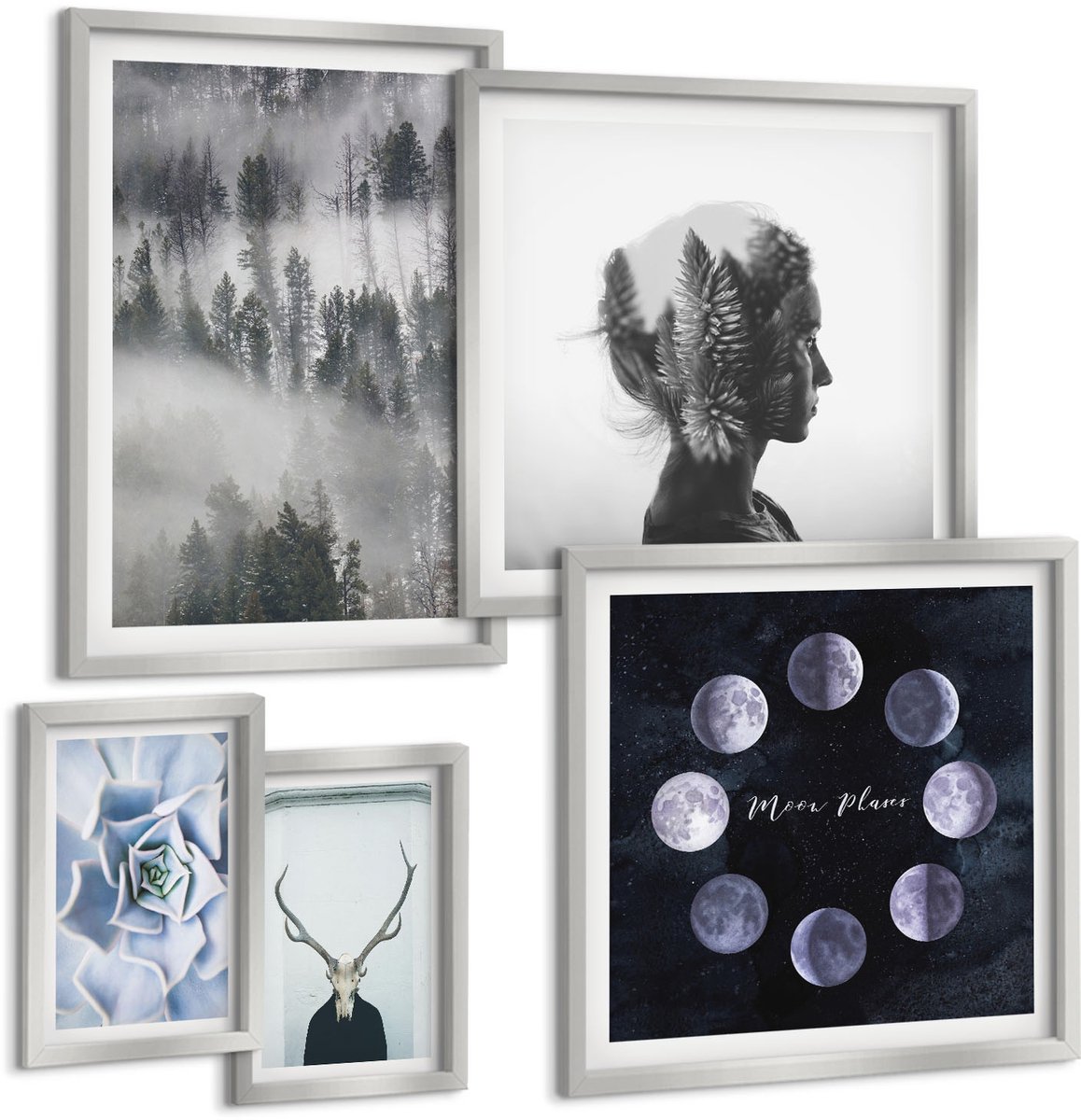 Coloray 5-Delige Schilderij Set - Boslandschap In De Mist Maanfasen Hertenschedel - 20 x 30 cm - Moderne Wanddecoratie - Woonkamer - Decoratieve Schilderijen