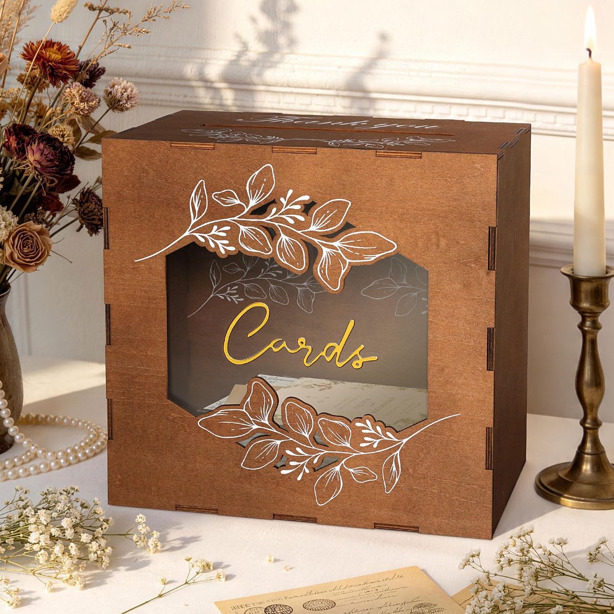 Benjia Doos van papier, opbergdoos van hout, vintage stijl, met acrylvenster, spaarpot voor bruiloft, jubileum - ShopVlot