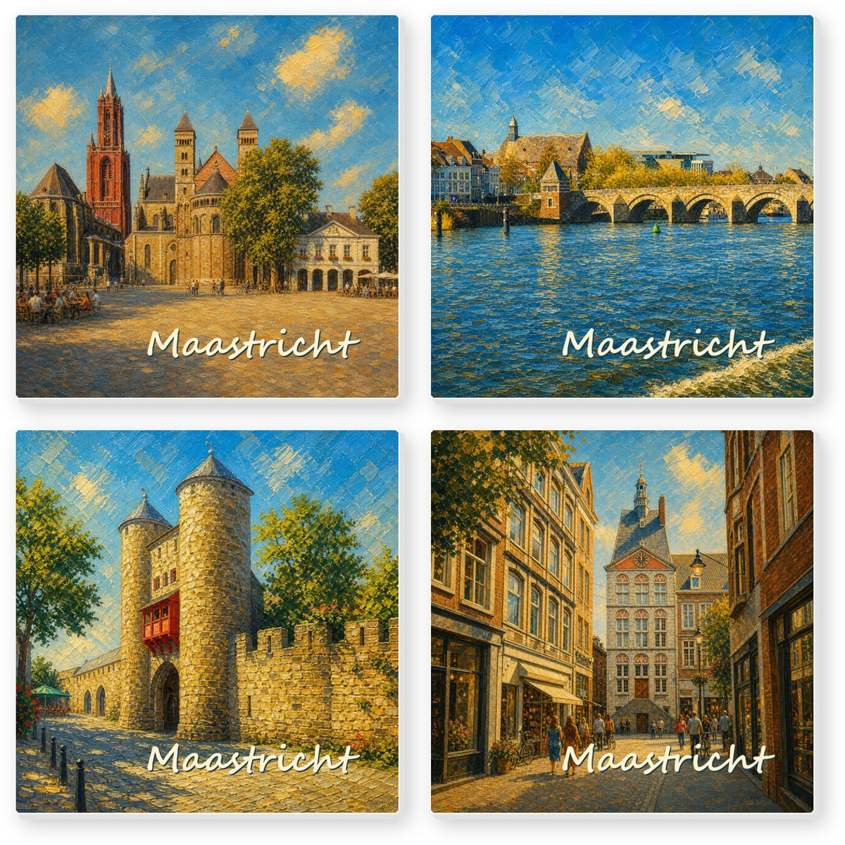 Kleurmedia Tegeltjes Maastricht – Set van 4 – Keramiek 15 x 15 cm – Inclusief 4 transparante houders – Souvenir