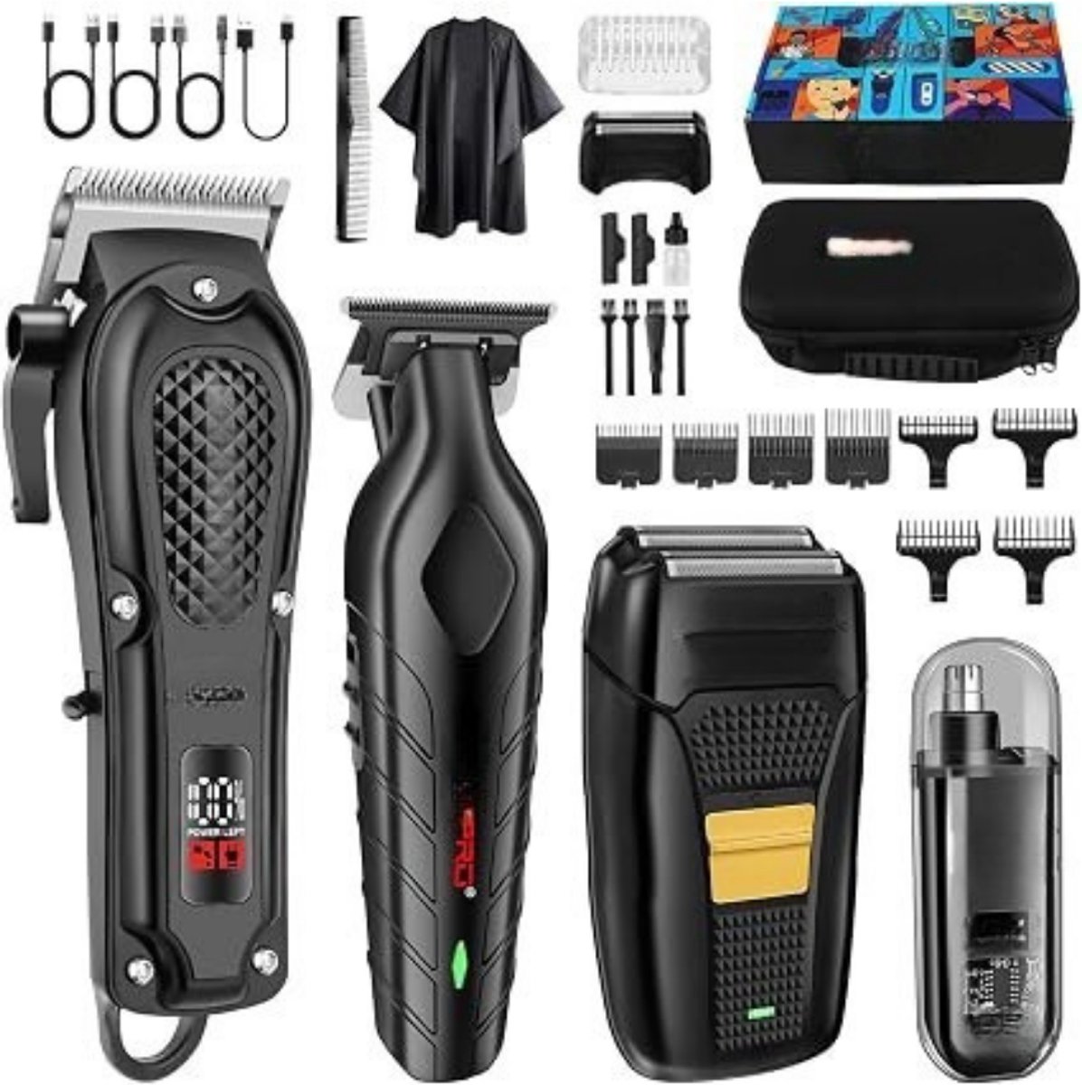 Thuys - Professionele Tondeuse Set voor Heren – 4-in-1 – Baard & Hoofd – Neustrimmer – Scheerapparaat – 8 Opzetkammen – USB Oplaadbaar – LCD Display – Zwart