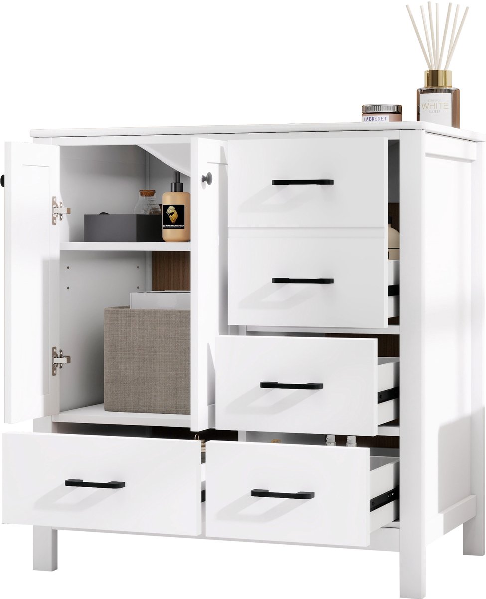 Vrijstaand badkamermeubel - Wastafelmeubel met keramische wasbak - Badkamerkast - Wastafelkast - 76x46x82 cm - Opbergen - - Badkamer Wit
