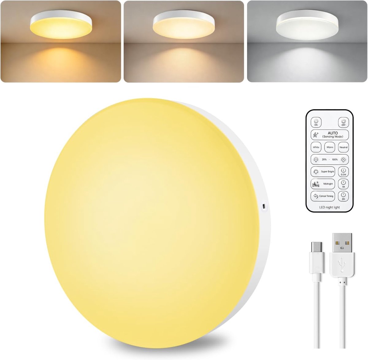 KZQ Oplaadbare plafondlamp met radarbewegingssensor - Draadloze LED-lamp - 10.000 mAh - Met afstandsbediening - 3 kleurtemperaturen - 19,5 x 19,5 x 4,5 cm