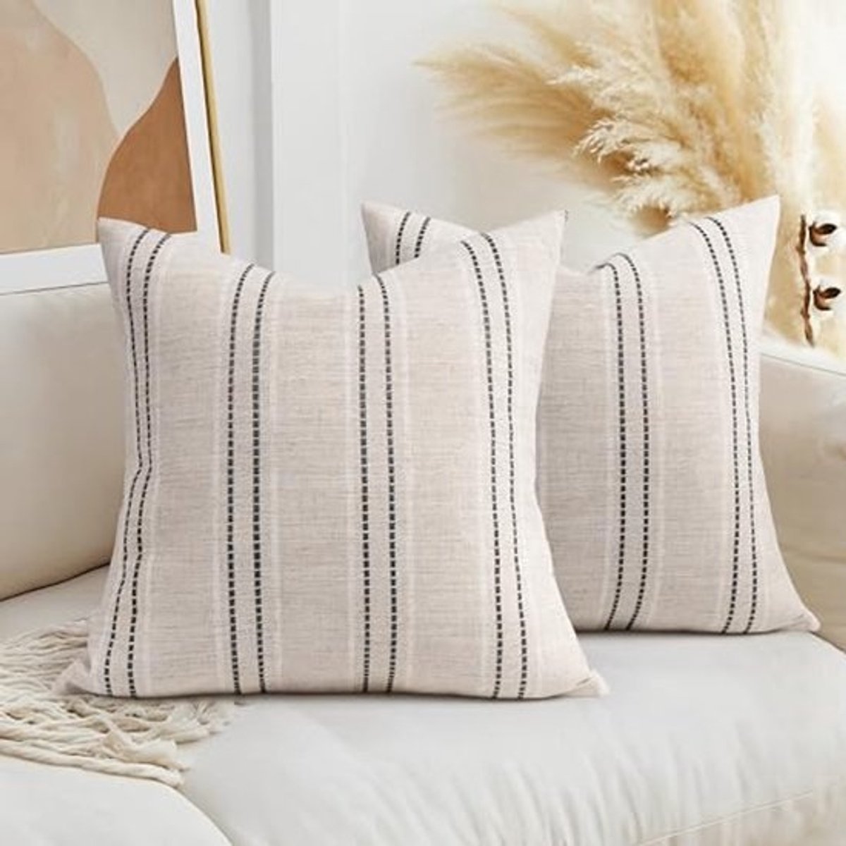 Decoratieve boerderij linnen sierkussenslopen set van 2 - Boho getextureerd en gestreept