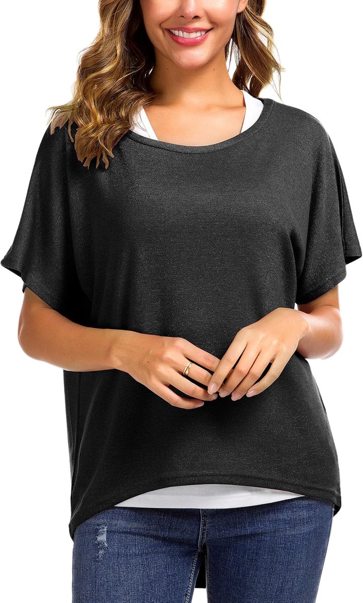 Losse asymmetrische jumper sweatshirt pullover blouse bovenstuk oversized tops T-shirt, 01, zwart, S
