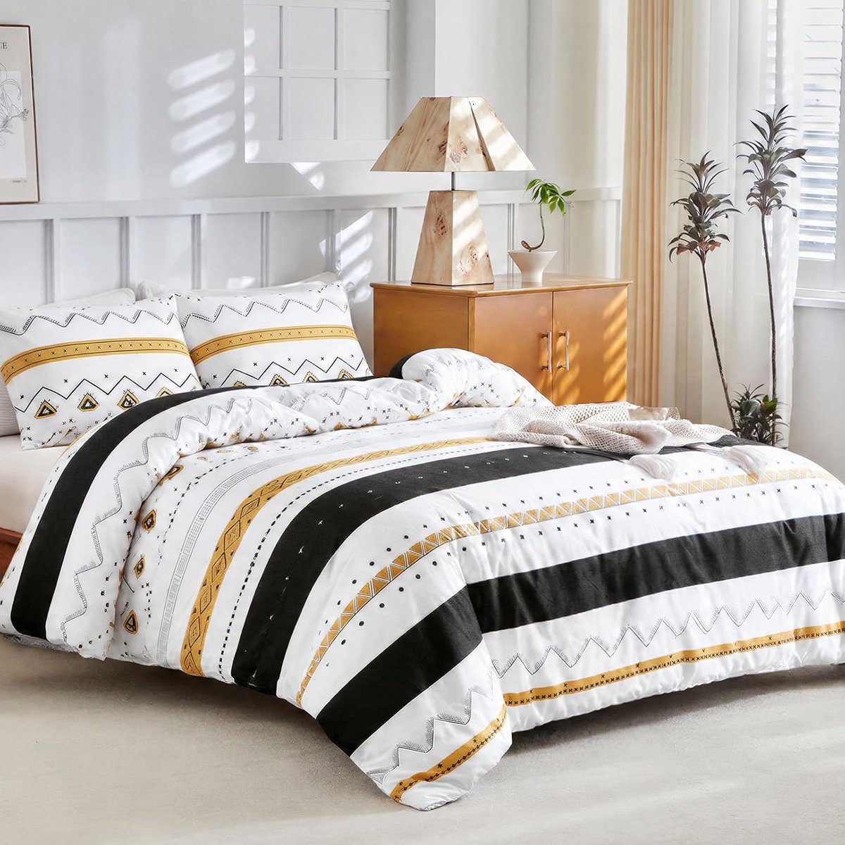 Dekbedovertrekset voor Tweepersoonsbed 240x220cm, 3-delige set van Microfiber met Bohemian Motief, Bevat 1 Dekbedovertrek 240x220cm + 2 Hoofdkussenslopen 65x65, Geel en Wit