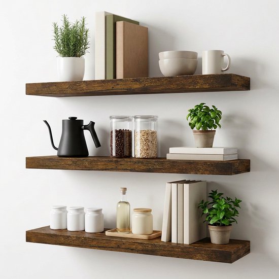 Drie rustieke, donkerbruine zwevende planken tegen een witte muur, gevuld met kookgerei, boeken en planten.