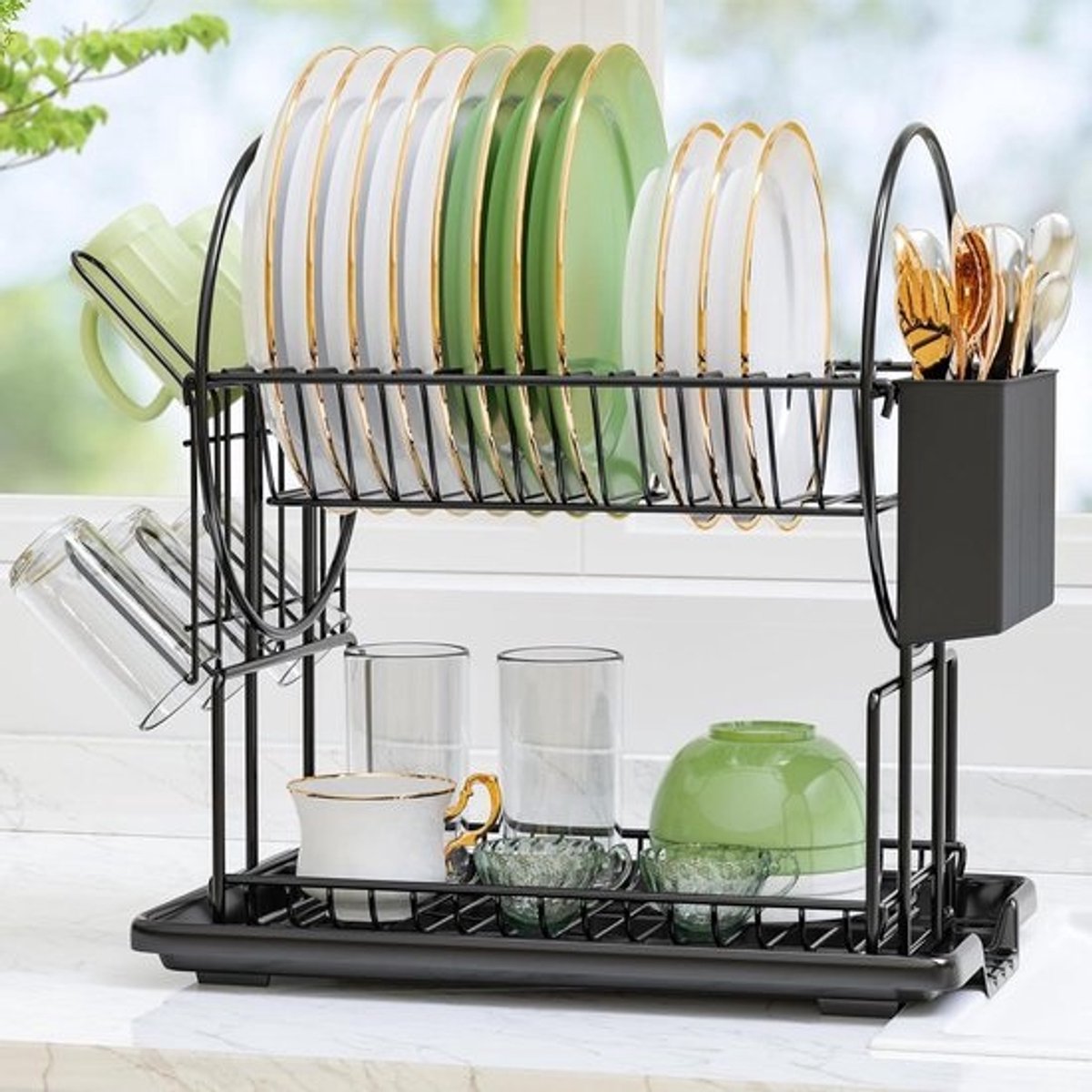 RVS afdruiprek met 2 verdiepingen en houders voor keukengerei - zwart Sink organizer
