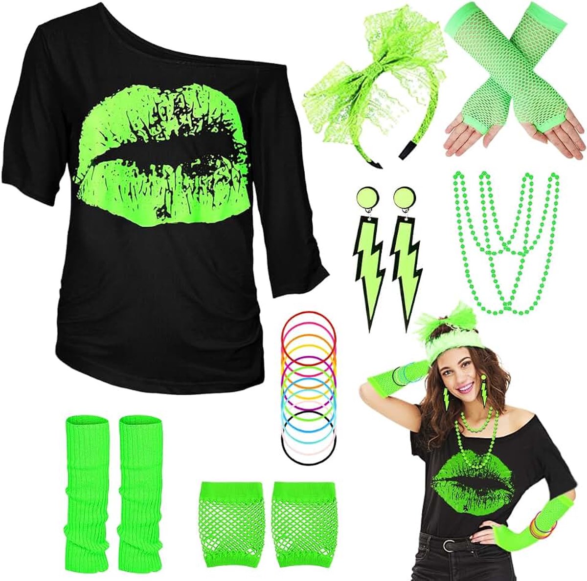 80 jaren '90 outfit dames, T-shirt, beenwarmers, hoofdband, oorring, halsketting, nethandschoenen, jaren 80 en 90 kostuum, themafeest, accessoires, kleding, neonparty, carnaval, dames meisj