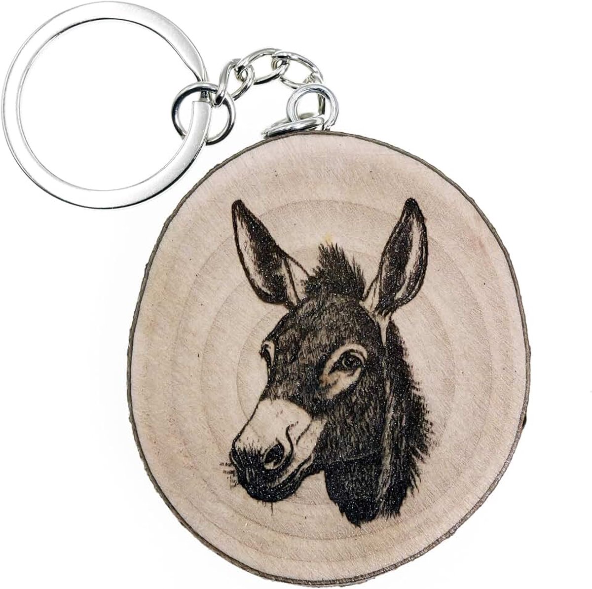 Sleutelhanger van natuurlijk hout met boerderijdier, herkauwers, ezel, fopspeen, laurohout, Eén maat