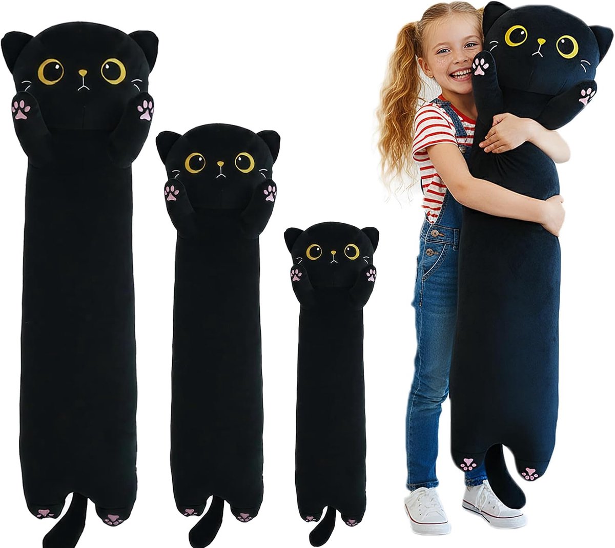 Lang zwart kattenknuffelkussen, 90 cm, zacht knuffeldier, lichaamskussen, grote katten, pluche kussen, pluche dier, verjaardagscadeau voor jongens en meisjes