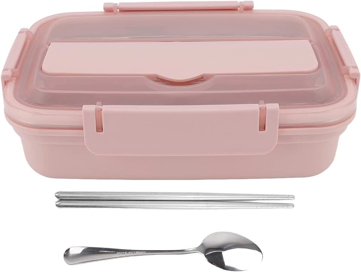 3 Compartimenten Roestvrijstalen Box Draagbare Lunchbox Lekvrije Voedselcontainer met Lepel en Eetstokjes voor Kantoor, School, Camping (roze)