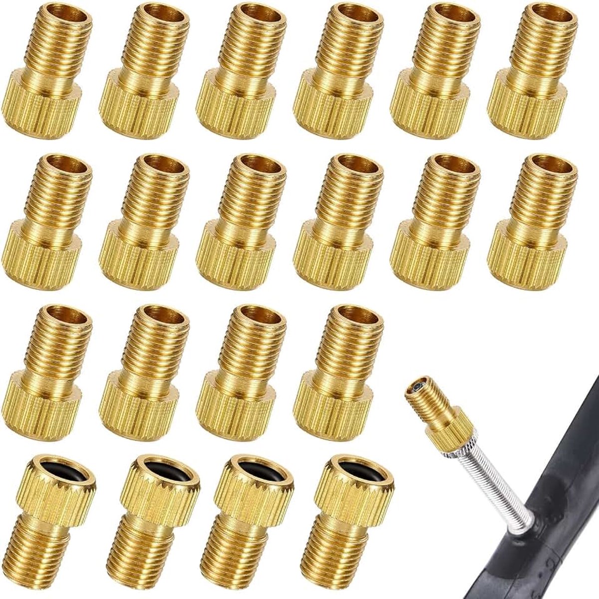 Set van 20 fietsventieladapters met afdichtring, fietsventieladapter Presta (Sclaverand) en Dunlop-ventieladapter voor Frans ventiel, DV & SV