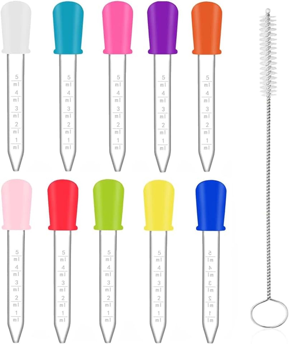 Druppelaars, 10 stuks siliconen en plastic oogdruppelaars pipetten 5 ml vloeibare druppelaar pipet medicijnoverdracht kinderen babyvoeder met 1 reinigingsborstels voor snoep gummy schimmel