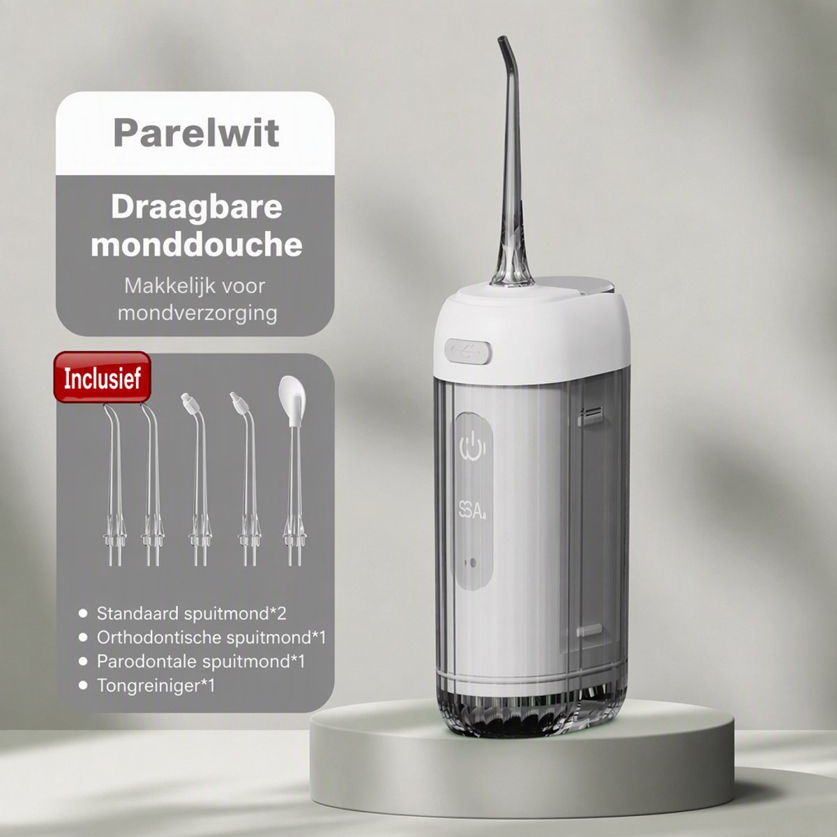 TEKROA® Waterflosser - Draadloze Monddouche - Tandplak Verwijderaar -200 ml - 4 Reinigingsstanden - 5 sproeiers - Draagbaar - Met spiegel - Tanden & Beugels reinigen